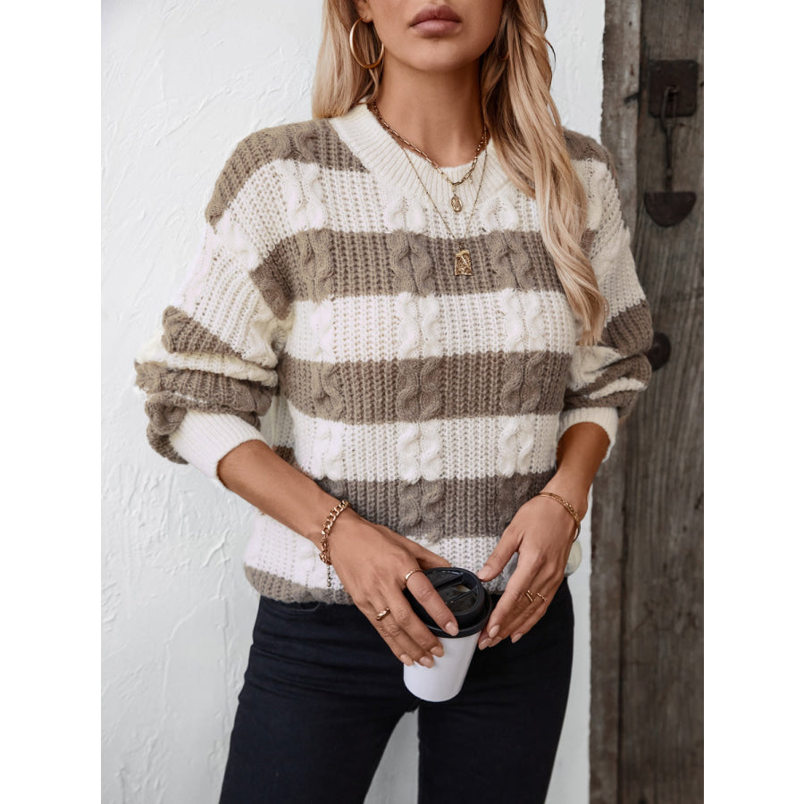 Striped Round Neck Long Sleeve Sweater Apparel and Accessories