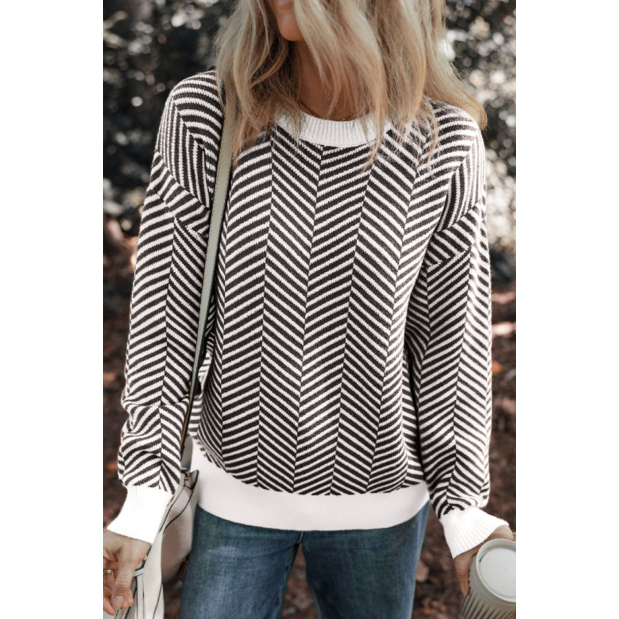 Striped Round Neck Long Sleeve Sweater Apparel and Accessories