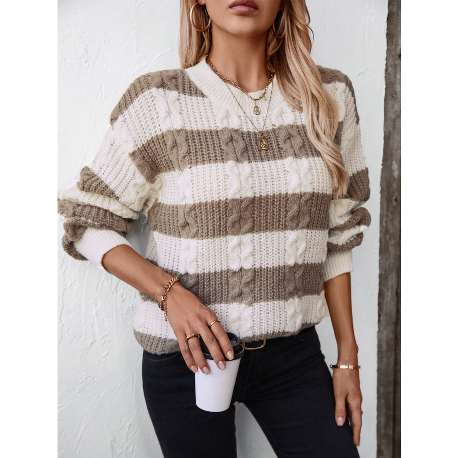 Striped Round Neck Long Sleeve Sweater Apparel and Accessories