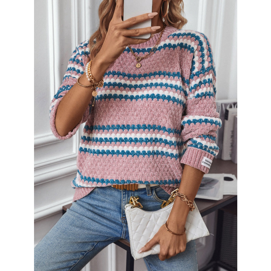 Striped Round Neck Long Sleeve Sweater Apparel and Accessories