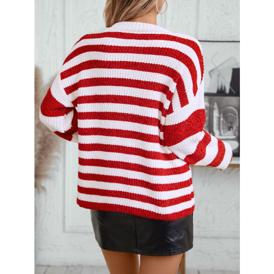 Striped Round Neck Long Sleeve Sweater Apparel and Accessories