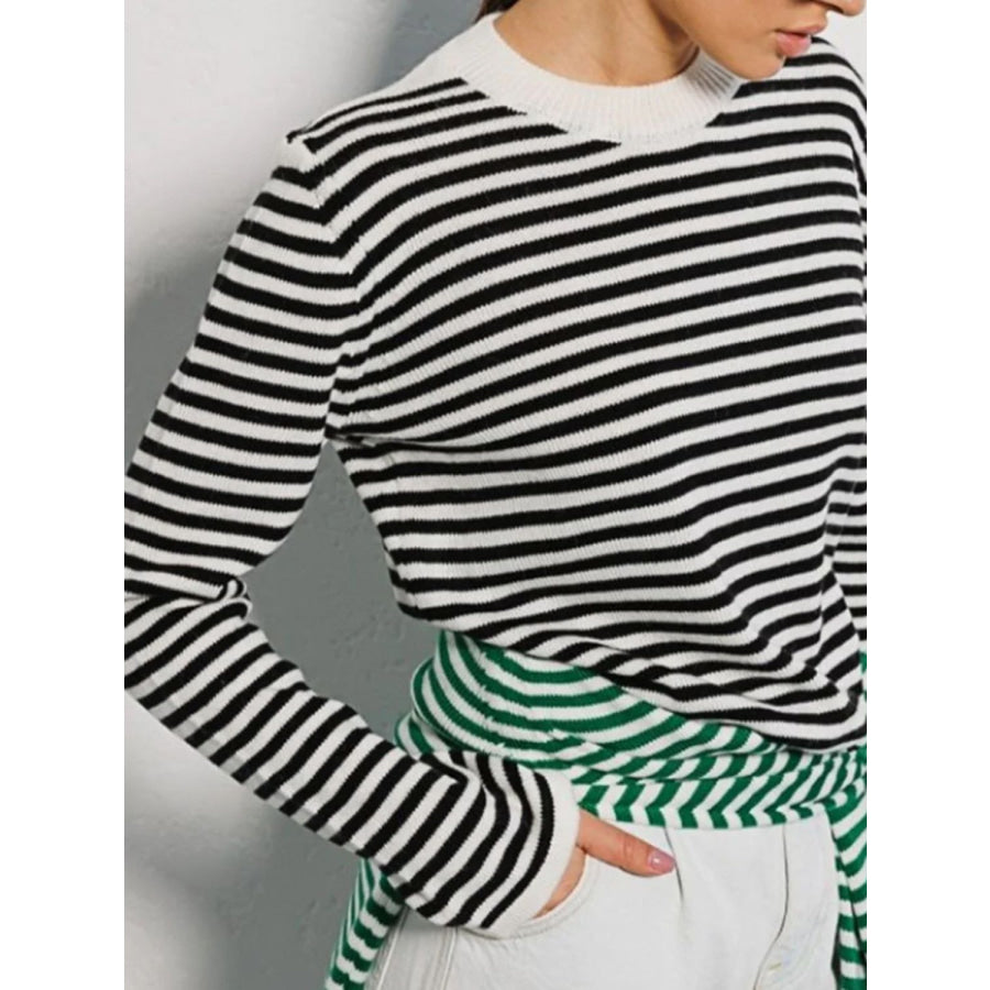 Striped Round Neck Long Sleeve Sweater Apparel and Accessories