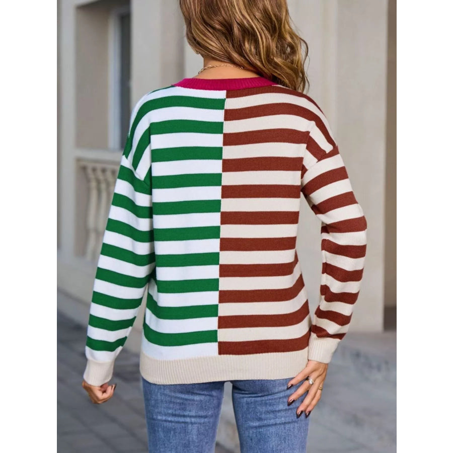 Striped Round Neck Long Sleeve Sweater Apparel and Accessories