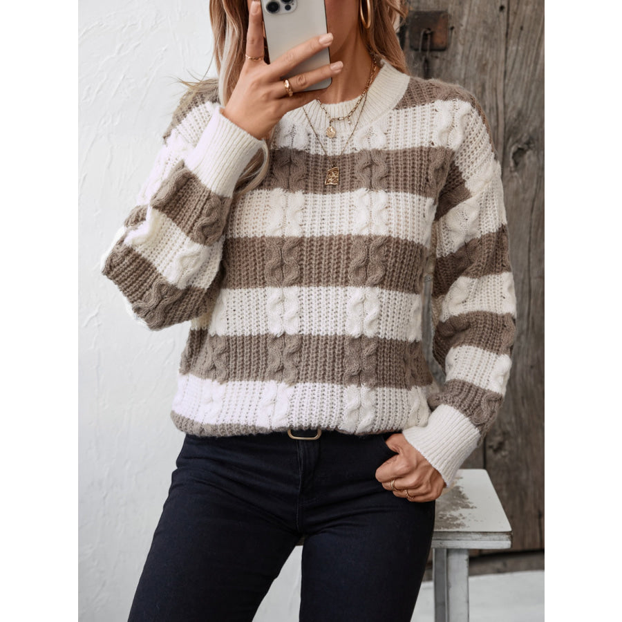 Striped Round Neck Long Sleeve Sweater Apparel and Accessories