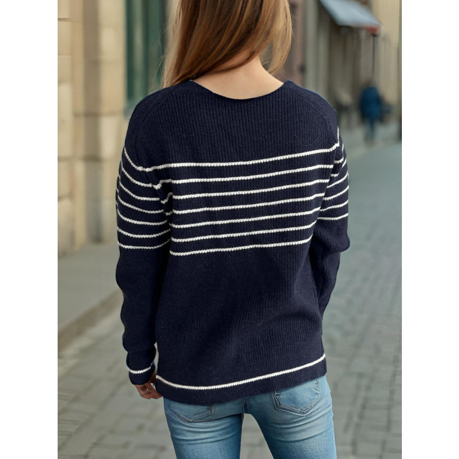 Striped Round Neck Long Sleeve Sweater Apparel and Accessories