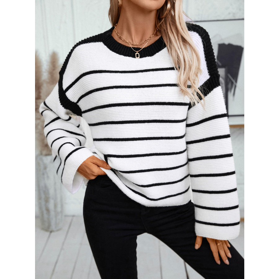 Striped Round Neck Long Sleeve Sweater Apparel and Accessories