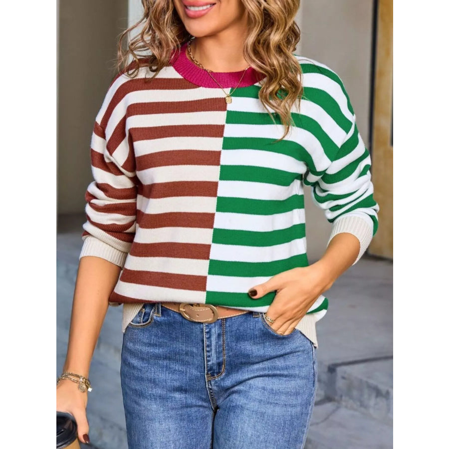 Striped Round Neck Long Sleeve Sweater Apparel and Accessories