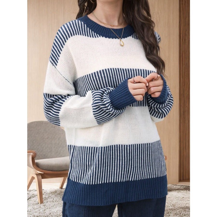 Striped Round Neck Long Sleeve Sweater Apparel and Accessories