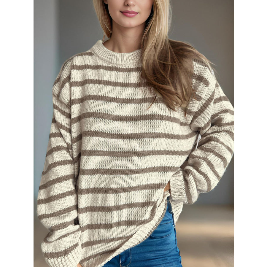 Striped Round Neck Long Sleeve Sweater Apparel and Accessories