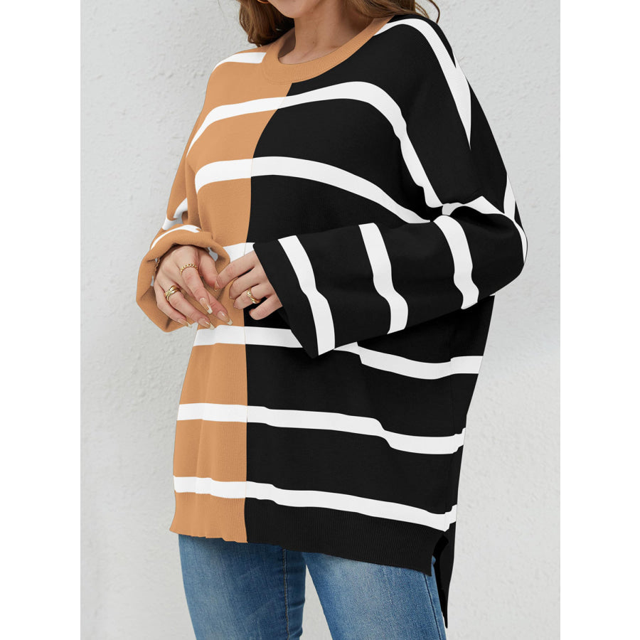 Striped Round Neck Long Sleeve Sweater Apparel and Accessories