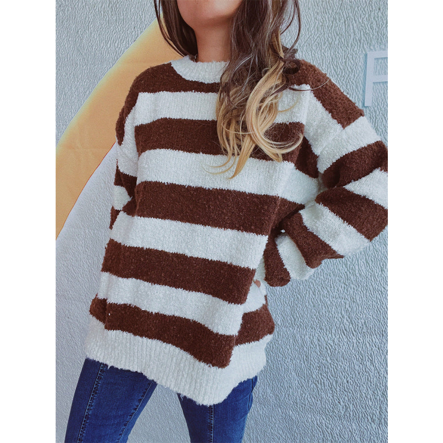 Striped Round Neck Long Sleeve Sweater Apparel and Accessories