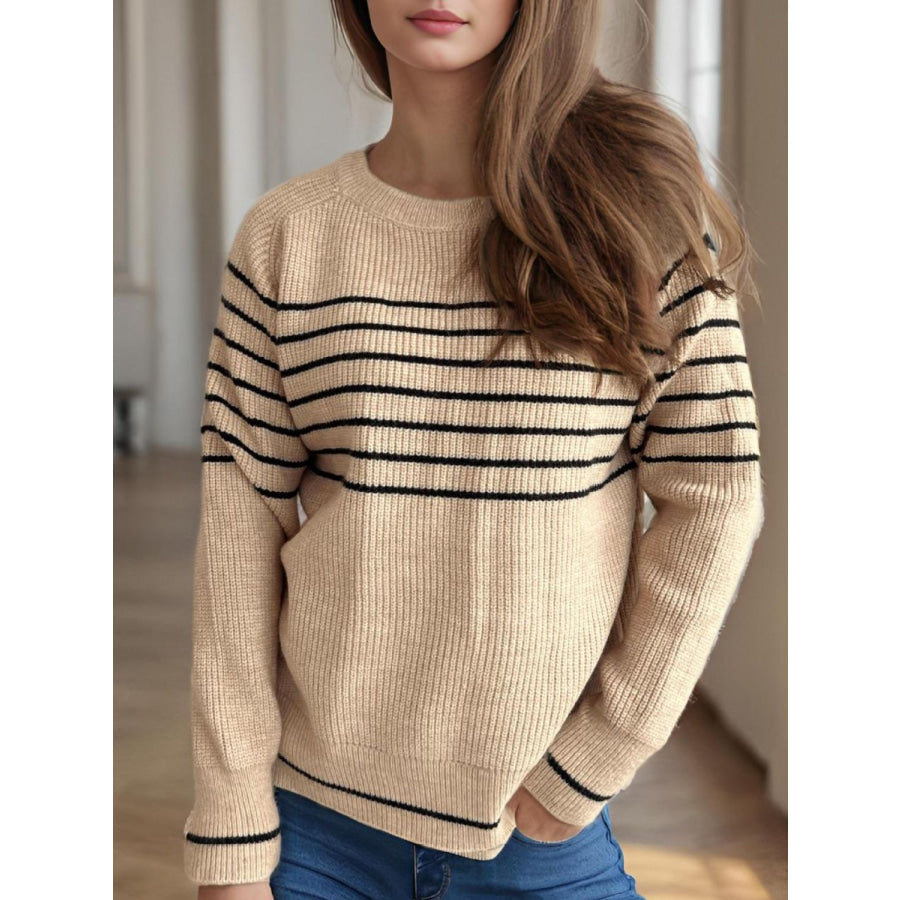 Striped Round Neck Long Sleeve Sweater Apparel and Accessories