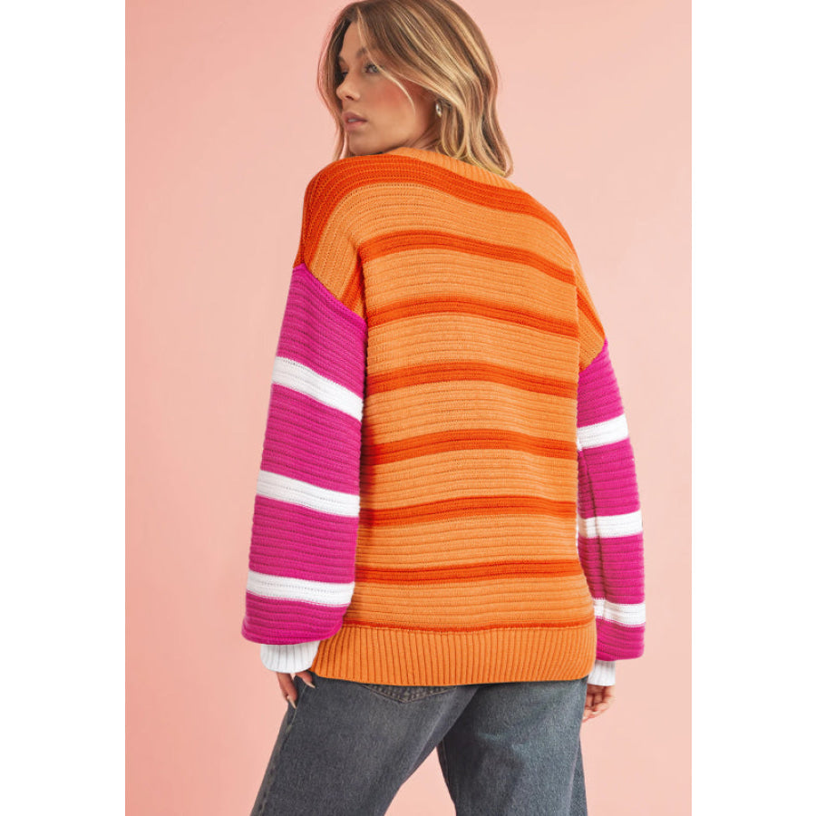 Striped Round Neck Long Sleeve Sweater Apparel and Accessories