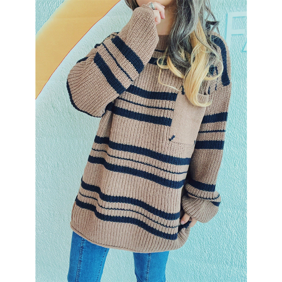 Striped Round Neck Long Sleeve Sweater Apparel and Accessories