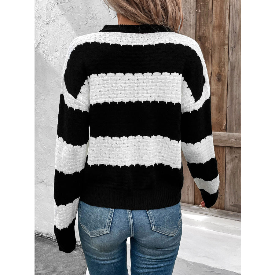 Striped Round Neck Long Sleeve Sweater Apparel and Accessories