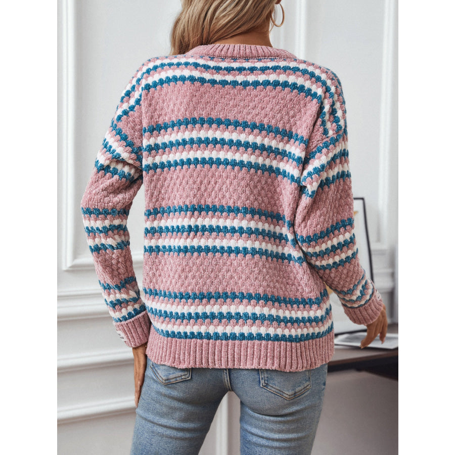 Striped Round Neck Long Sleeve Sweater Dusty Pink / S Apparel and Accessories