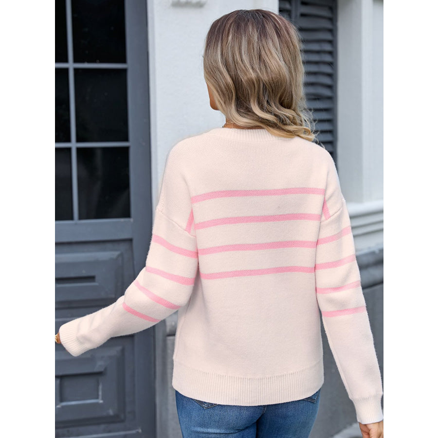 Striped Round Neck Long Sleeve Sweater Watermelon pink / S Apparel and Accessories