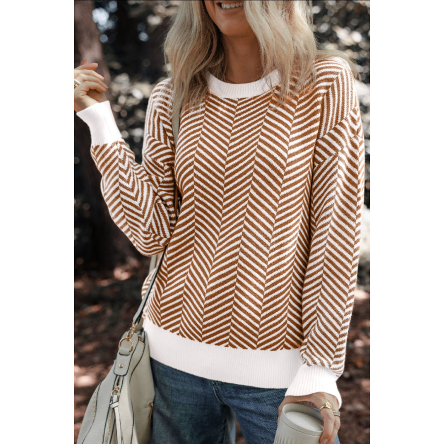 Striped Round Neck Long Sleeve Sweater Apparel and Accessories