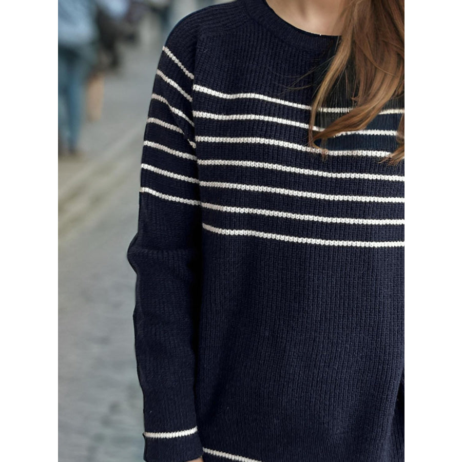 Striped Round Neck Long Sleeve Sweater Apparel and Accessories