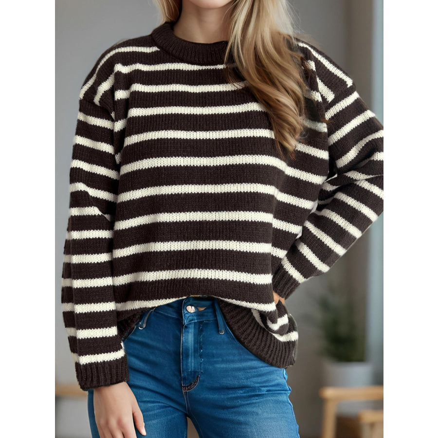 Striped Round Neck Long Sleeve Sweater Apparel and Accessories