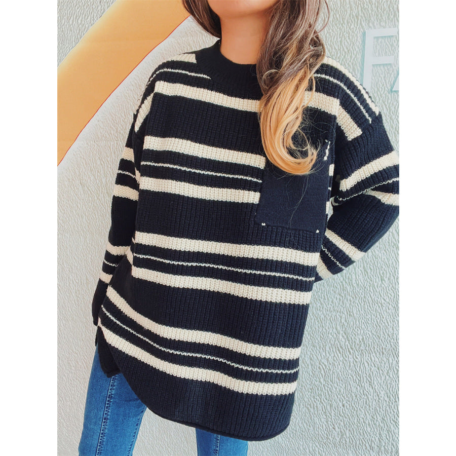 Striped Round Neck Long Sleeve Sweater Apparel and Accessories