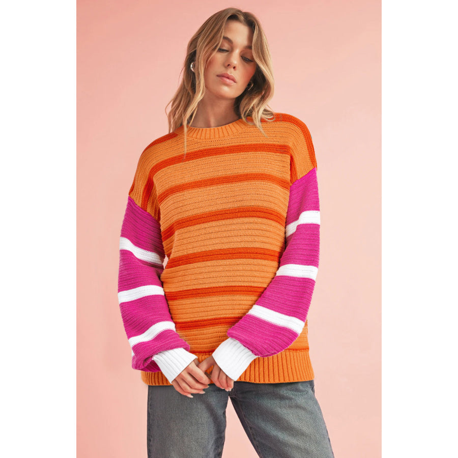 Striped Round Neck Long Sleeve Sweater Apparel and Accessories