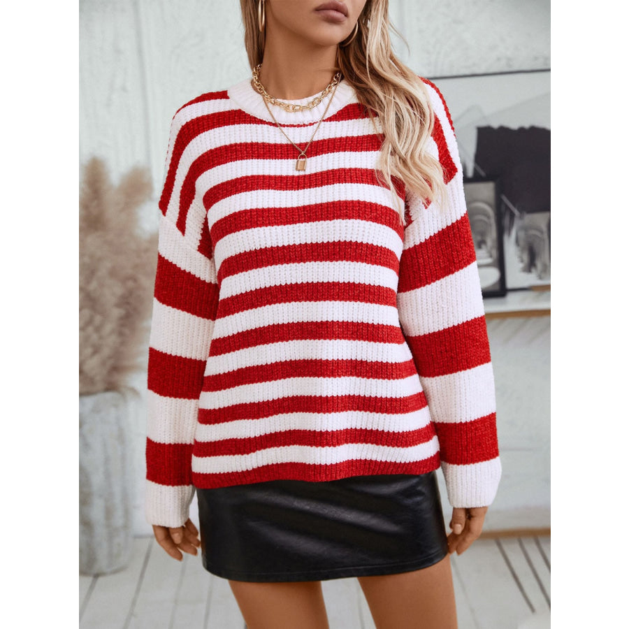 Striped Round Neck Long Sleeve Sweater Apparel and Accessories