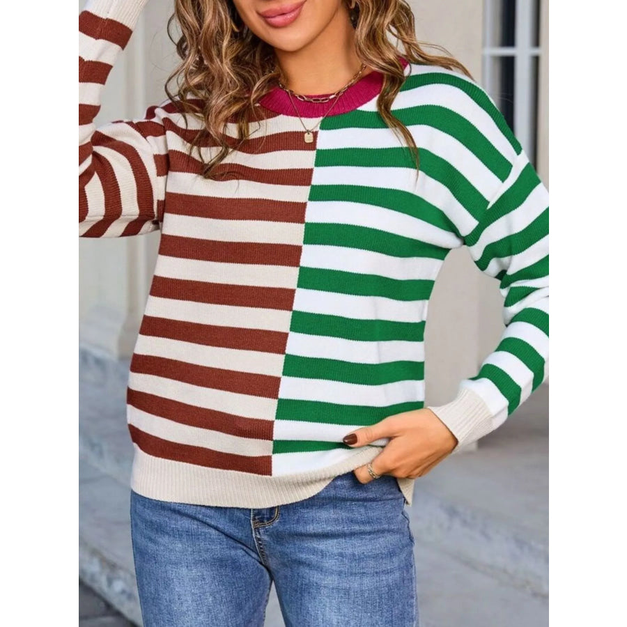 Striped Round Neck Long Sleeve Sweater Apparel and Accessories