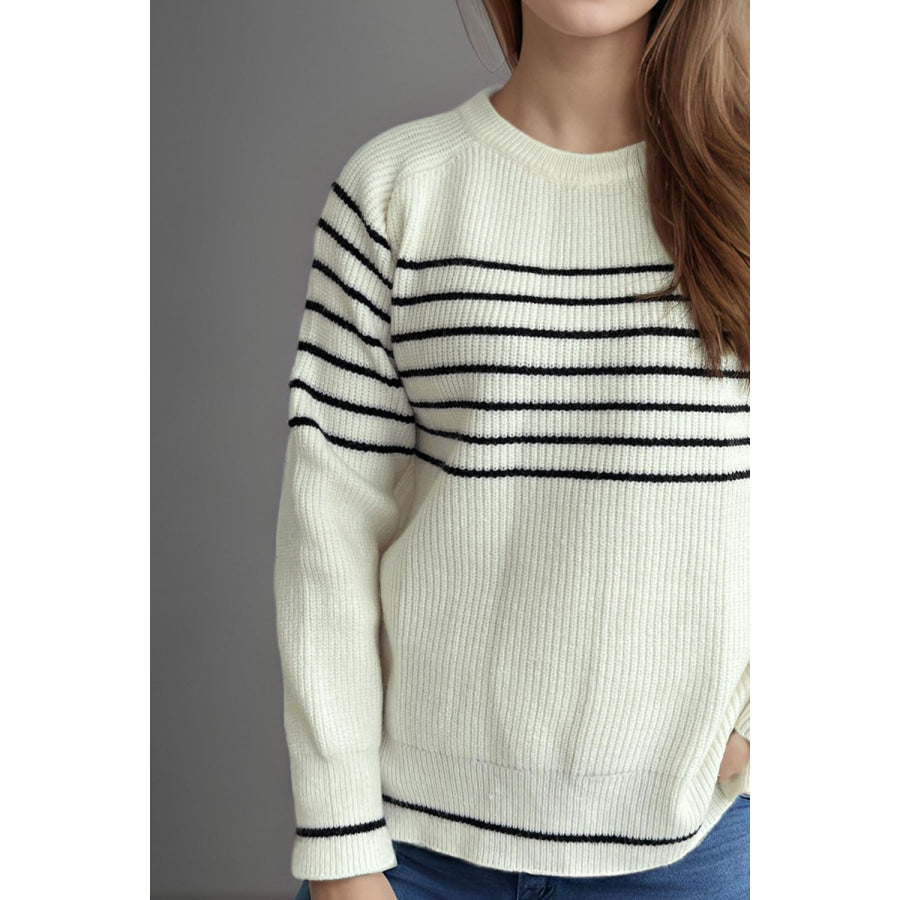 Striped Round Neck Long Sleeve Sweater Apparel and Accessories