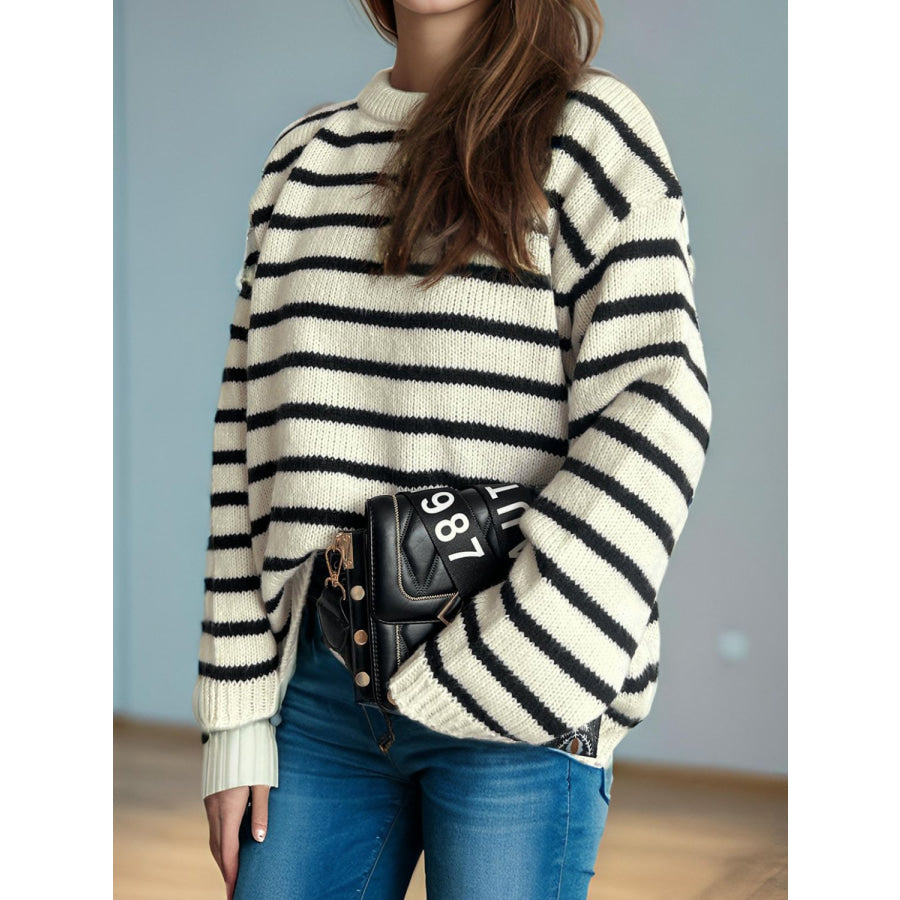 Striped Round Neck Long Sleeve Sweater Apparel and Accessories