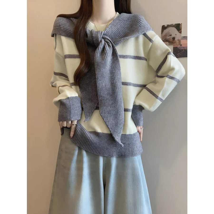 Striped Round Neck Long Sleeve Sweater Apparel and Accessories