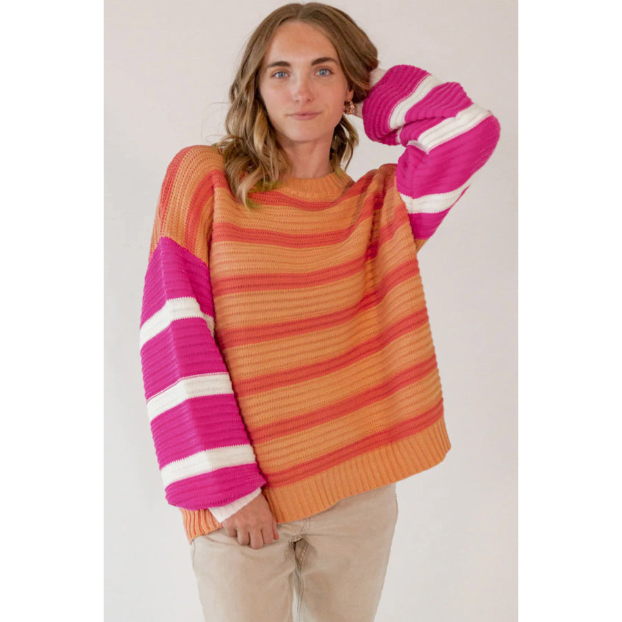 Striped Round Neck Long Sleeve Sweater Apparel and Accessories