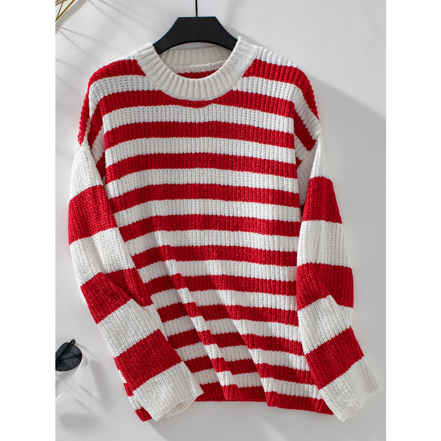 Striped Round Neck Long Sleeve Sweater Apparel and Accessories