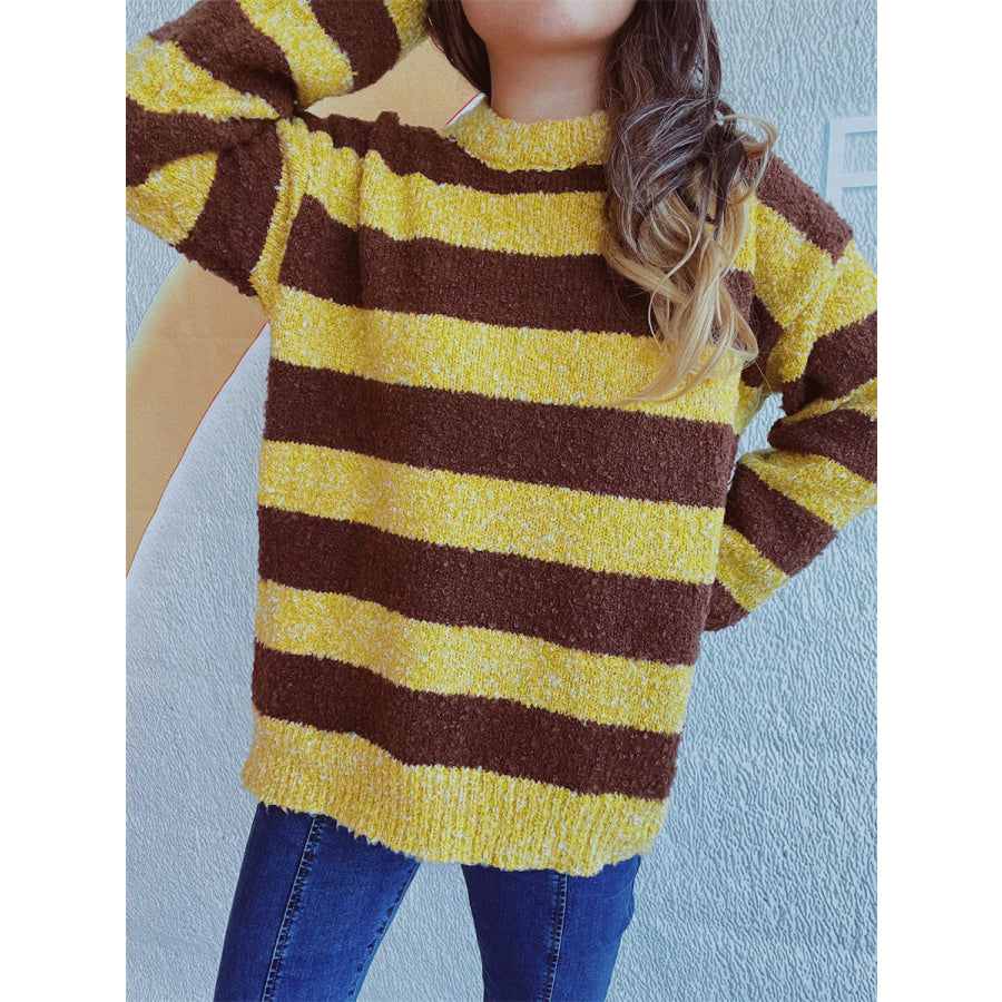 Striped Round Neck Long Sleeve Sweater Apparel and Accessories