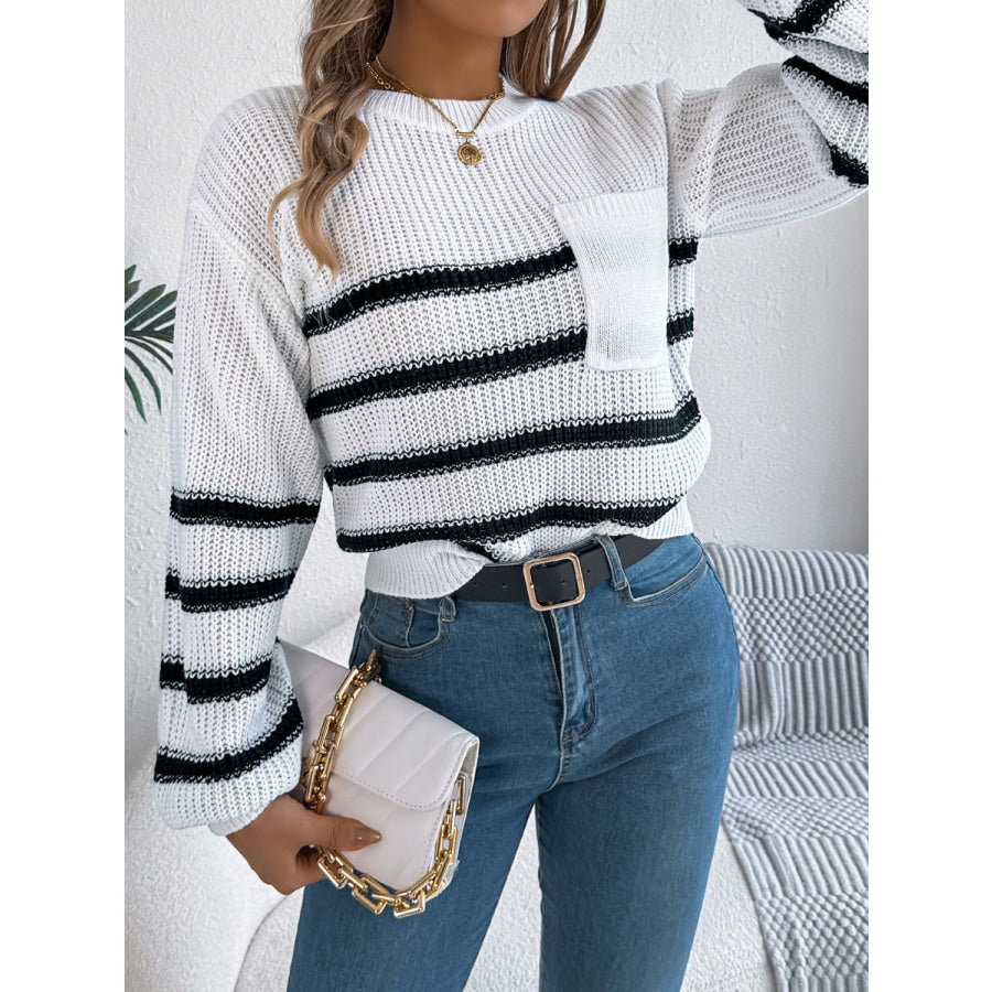 Striped Round Neck Long Sleeve Sweater Apparel and Accessories