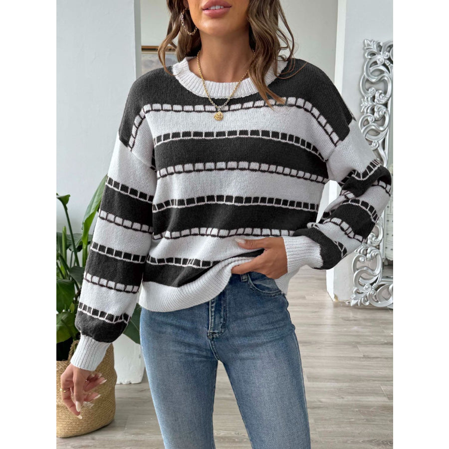 Striped Round Neck Long Sleeve Sweater Apparel and Accessories