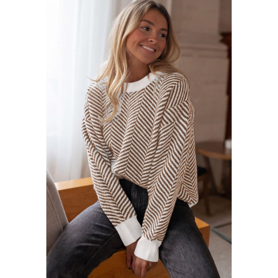 Striped Round Neck Long Sleeve Sweater Apparel and Accessories