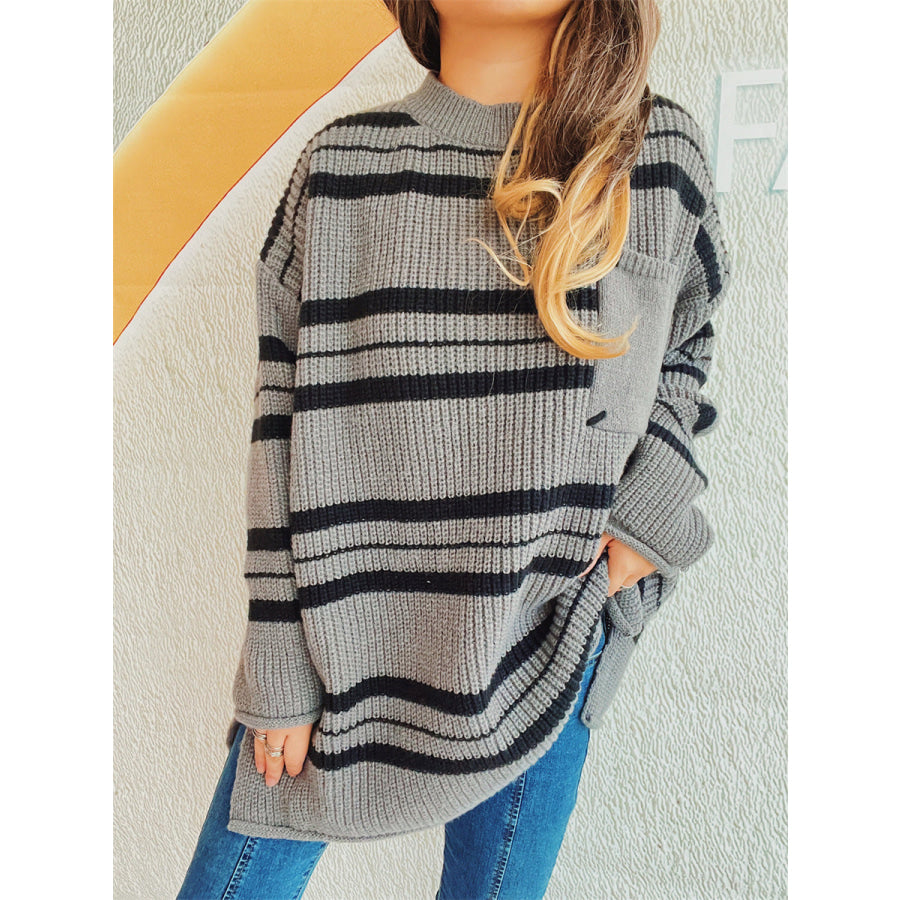 Striped Round Neck Long Sleeve Sweater Apparel and Accessories