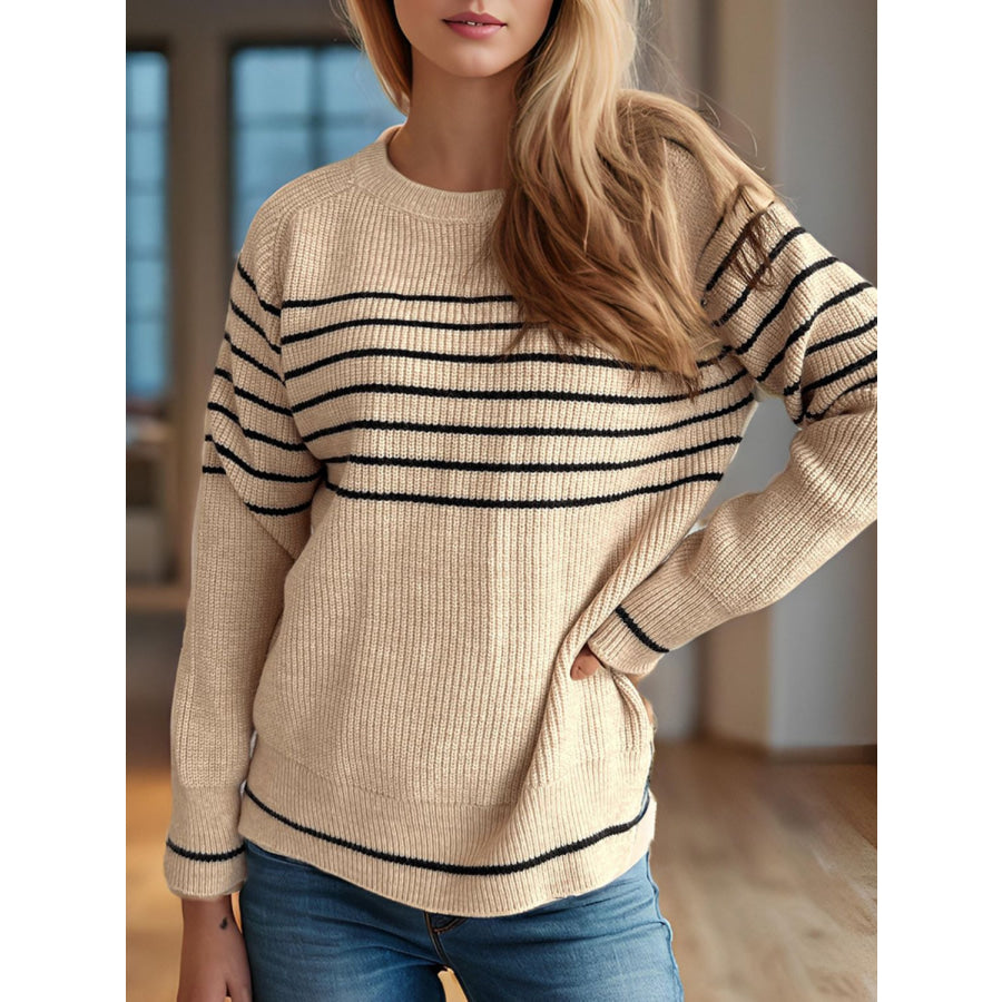 Striped Round Neck Long Sleeve Sweater Apparel and Accessories