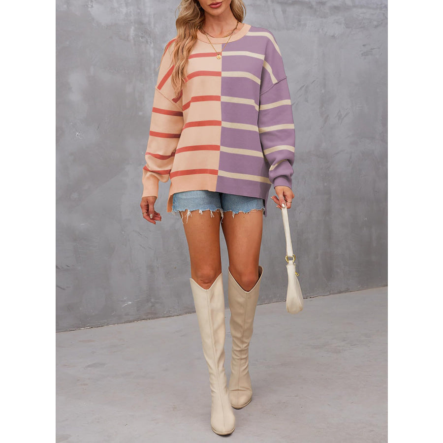 Striped Round Neck Long Sleeve Sweater Apparel and Accessories