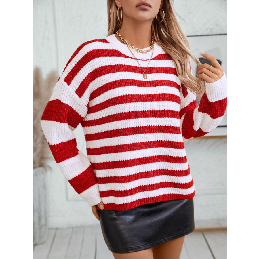 Striped Round Neck Long Sleeve Sweater Apparel and Accessories