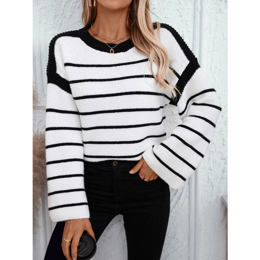 Striped Round Neck Long Sleeve Sweater Apparel and Accessories