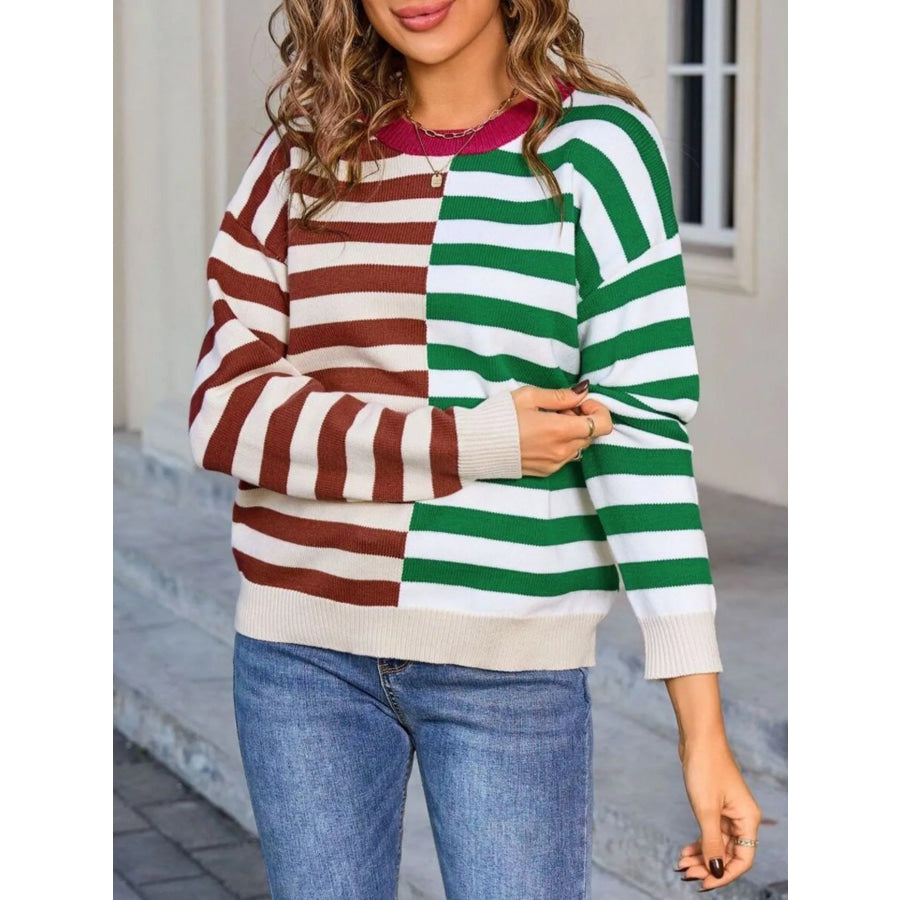 Striped Round Neck Long Sleeve Sweater Apparel and Accessories
