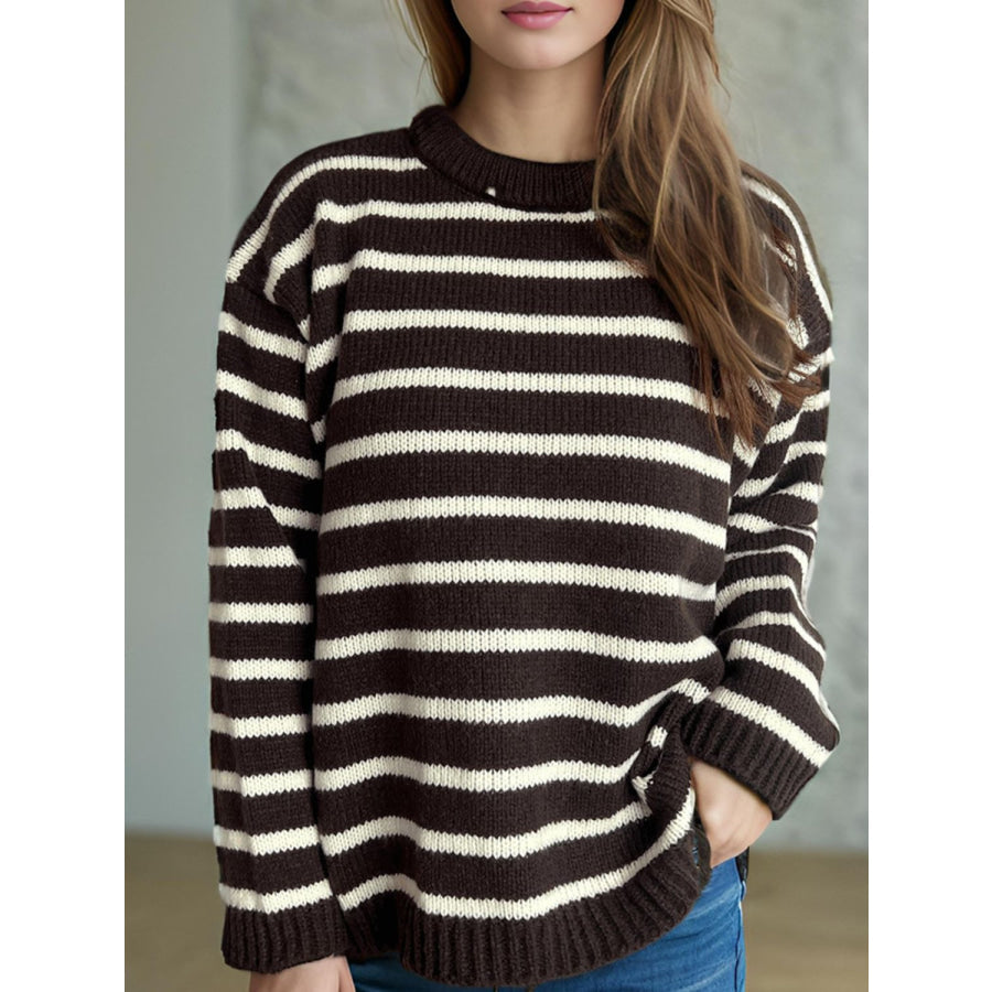 Striped Round Neck Long Sleeve Sweater Apparel and Accessories