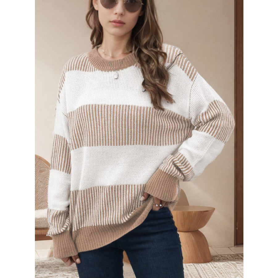 Striped Round Neck Long Sleeve Sweater Apparel and Accessories