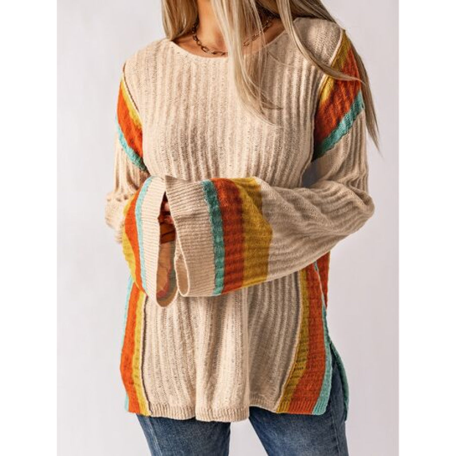 Striped Round Neck Long Sleeve Sweater Apparel and Accessories