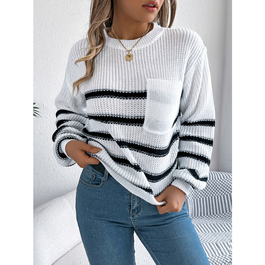 Striped Round Neck Long Sleeve Sweater Apparel and Accessories