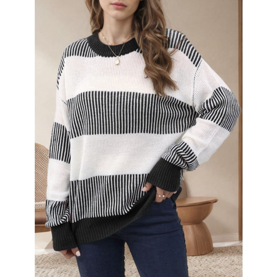 Striped Round Neck Long Sleeve Sweater Apparel and Accessories