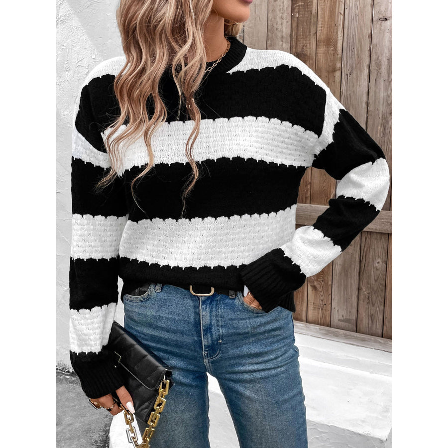 Striped Round Neck Long Sleeve Sweater Apparel and Accessories