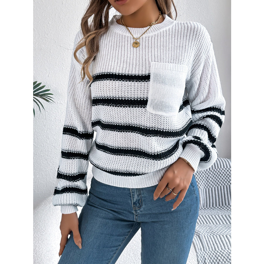Striped Round Neck Long Sleeve Sweater Apparel and Accessories